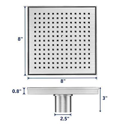 Neodrain 8 in Brushed Square Shower Drain with Quadrato Pattern Grate | 304 Stainless Steel Square Drain for bathroom, with Hair Strainer and Lifting Hook,Waterproof & Durable, CUPC Certified - color: Stainless, size: 8 IN