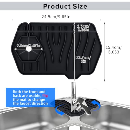 Silicone Sink Splash Guard Kitchen Splash Guard for Sink Splash Prevention Faucet Mat for Kitchen Sink Faucet Guard, Draining Mat Faucet Mat for Kitchen Sink Faucet Splash Guard（Black）