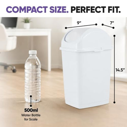 Superio Small 2.5 Gallon Plastic Trash Can with Swing Top Lid, Compact Slim Waste Bin for Under Desk, Office, Bedroom, Bathroom, Dorm Room, 10 Qt. Portable Garbage Can (White) - size: 2.5 Gallon, style: 1 Pack