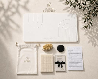 Custom Kollective™ Stone Bath Mat Ritual Bundle – Diatomite Quick Dry Bath Mat for Bathroom, Stone Drying Mat, Non-Slip Pad, Brush, Polishing Pad & Storage Bag (Grounding Sandstone)