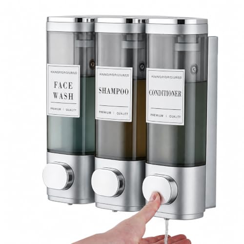 Shower Soap Dispenser 3-Chamber Wall Mount Shampoo Dispenser,Silver | Latch design No Drill Shampoo and Conditioner Dispenser for Bathroom Hotel, Durable ABS Material Large Capacity - color: 3silver