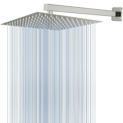 Voolan All Metal Shower Head with Extension Arm, Stainless Steel Waterfall Rainfall Showerheads, High Flow Bathroom Square Rain Shower Head (12’’ Shower Head with 16’’ Shower Arm, Brushed Nickel) - color: Brushed Nickel, size: 12’’ Shower Head with 16’’ S