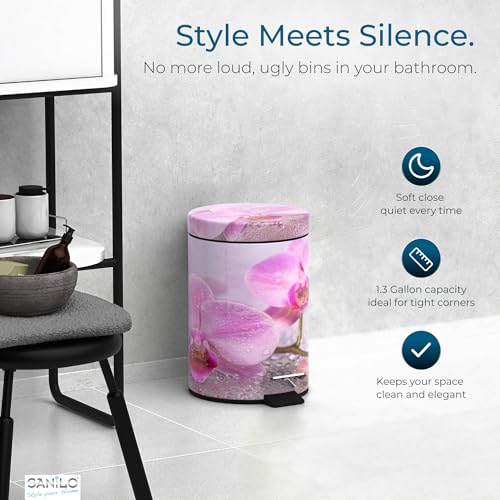 Sanilo Small Bathroom Trash Can with Lid [1.3 Gallon] - Lidded Tiny Trashcan for Garbage - Mini Metal Bin with Soft Closing Mechanism - Bath Room Accessoire Wastebin with Inner Bucket (Blooming) - color: Blooming