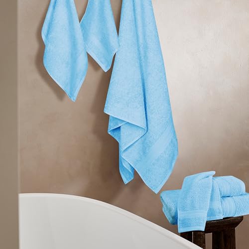 BOUTIQUO 6 Pack Cotton Towel Set, Contains 2 Bath Towels 27x54 inch, 2 Hand Towels 16x24 inch & 2 Wash Coths 12x12 inch, Ideal Everyday use, Ultra Soft Compact & Lightweight - Sky Blue - color: Sky Blue, size: 6 Piece Towel Set