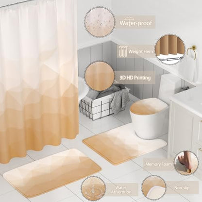 XLHOMO Bathroom Accessory Set - 26PC Bathroom Shower Curtain and Rug Set, Bathroom Accessories Set, Beige Bathroom Set with Trash Can, Toilet Brush, Qtip Holder & Soap Dispenser - style: Beige