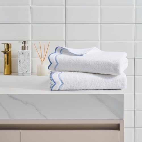 Peri Home 2 Piece Cotton Bath Towel Set, Embroidered, White, Blue Scallop - color: White With Blue Scallop, size: 2 Bath Towel