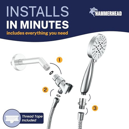 HammerHead Showers® Solid Metal 3-Spray Handheld Shower Head with Extra Long Hose and Shutoff Valve – Chrome - Perfect Dog Shower Head Attachment with 3 High Pressure Sprays - 2.5 GPM - color: Polished Chrome, size: 2.5 GPM with PAUSE