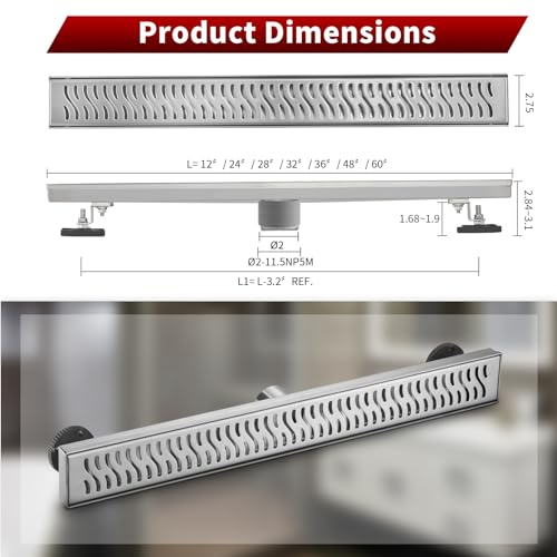 Sharp-tec Linear Shower Drain, 28 inch Shower Drain with Removable Pattern Cover, Brushed Nickel 304 Stainless Steel Rectangle Floor Drain, Adjustable Feet and Hair Strainer Included - color: Brushed Nickel, size: 28 inch
