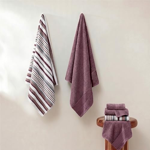 Modern Threads Pax 6-Piece Reversible Yarn Dyed Jacquard Towel Set - Bath Towels, Hand Towels, & Washcloths - Super Absorbent & Quick Dry - 100% Combed Cotton, Rosewood - color: Rose, style: Wide Stripe