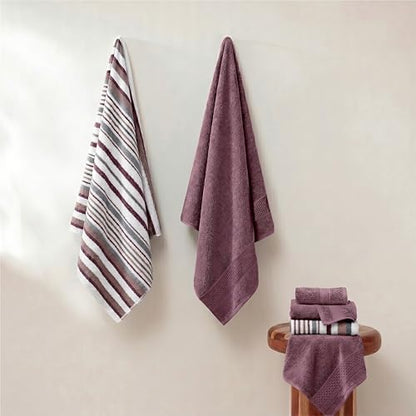 Modern Threads Pax 6-Piece Reversible Yarn Dyed Jacquard Towel Set - Bath Towels, Hand Towels, & Washcloths - Super Absorbent & Quick Dry - 100% Combed Cotton, Rosewood - color: Rose, style: Wide Stripe