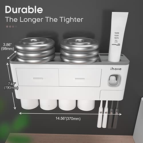 iHave Toothbrush Holders Wall Mounted with Toothpaste Dispenser & 4 Cups | All-in-One Bathroom Organizer: 4 Cups, 7 Slots, Toothpaste Dispenser, Large Tray & Drawer. Wall Mount, No Drilling Required - color: White, size: 4 cup