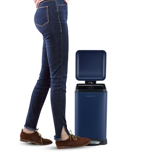 happimess Betty Retro Mini 3.2 Gal Step Trash Can, Denim Blue | Soft-Close Lid, Removable Liner, Iron, Hands-Free Pedal, Satin Finish, Non-Skid Base, Built-In Damper, Modern, Minimalistic - color: Denim Blue