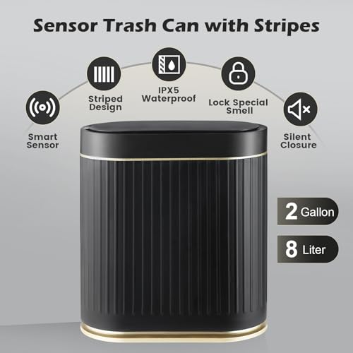 SYNCVIBE Bathroom Sensor Trash Can with Lid, 2 Gallon, Black Gold | Automatic Garbage Can, 7.5 Liter Smart Trash Bin, Slim IPX5 Waterproof Plastic Wastebasket for Bedroom and Office - color: Black gold