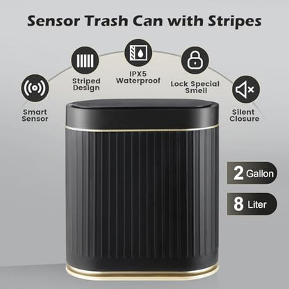 SYNCVIBE Bathroom Sensor Trash Can with Lid, 2 Gallon, Black Gold | Automatic Garbage Can, 7.5 Liter Smart Trash Bin, Slim IPX5 Waterproof Plastic Wastebasket for Bedroom and Office - color: Black gold