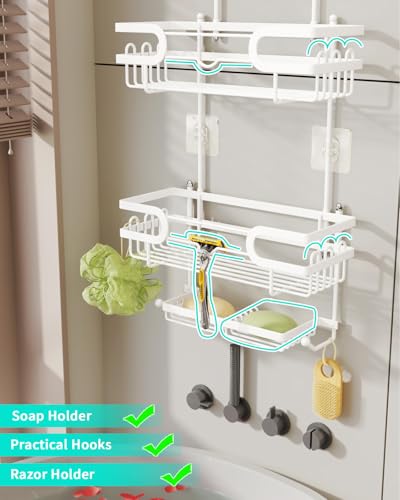 HapiRm Bathroom Hanging Shower Caddy - Rustproof Shower Shelf with 12 Hooks and 2 Soap Holders, No Drilling Bathroom Organizers and Storage - White - color: White(Large)