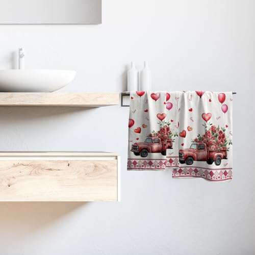 Giwawa Watercolor Valentine Truck Hand Towel Red Rose Flowers Kitchen Towels Love Heart Cotton Towel Set of 2 - color: Valentine Rose Truck-red, size: 28.3" x 14.4"(Pack of 2)