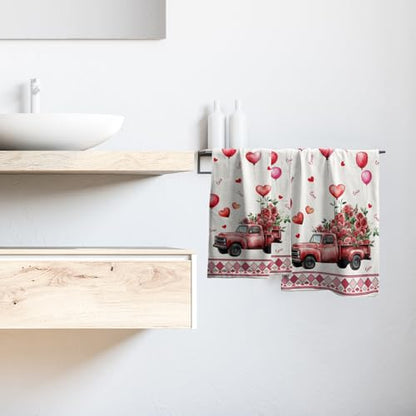 Giwawa Watercolor Valentine Truck Hand Towel Red Rose Flowers Kitchen Towels Love Heart Cotton Towel Set of 2 - color: Valentine Rose Truck-red, size: 28.3" x 14.4"(Pack of 2)