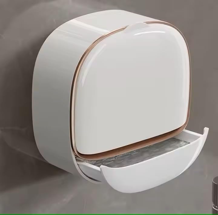 Modern Wall-Mounted Soap Holder White with Rose Gold Trim, Plastic Construction, Bathroom Drainage Design. (Locking Adhesive Strip Included)