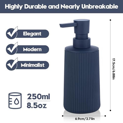 Small Soap Dispenser for Bathroom and Kitchen Matte Blue | Modern Farmhouse Striped Style Plastic Hand Soap Dish Soap Dispenser with Pump - color: Navy Blue