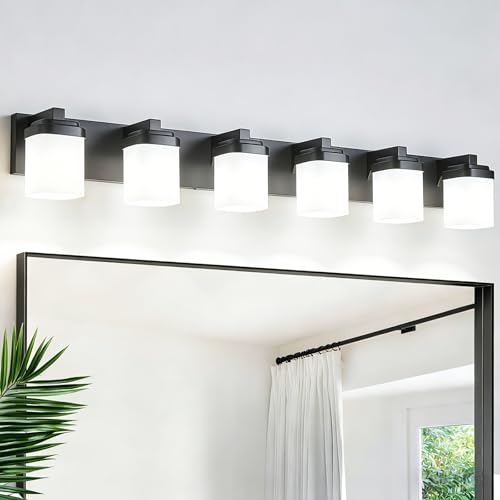 45 Inches Bathroom Vanity Light, 6-Light Black Bathroom Light Fixtures Over Mirror, Bathroom Light Shower Lamp with Milky White Square Glass Shade, Modern Farmhouse Lighting Fixtures - color: Black, size: 45 Inch : 6-lights