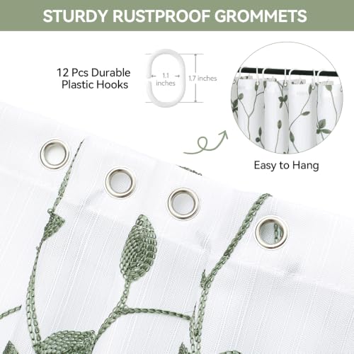 Embroidered Leaf Farmhouse Shower Curtain,Faux Linen,72x72,White Sage Green | Boho Modern Shower Curtain Set, Washable & Waterproof Fabric, Floral Shower Curtains for Bathroom with Hooks - color: White Sage Green