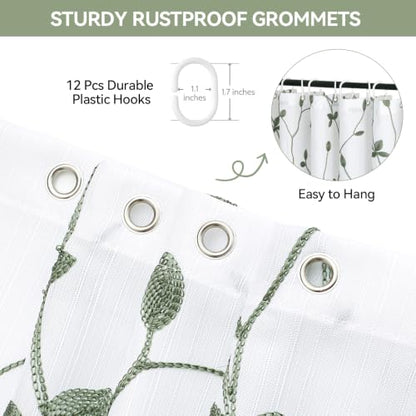 Embroidered Leaf Farmhouse Shower Curtain,Faux Linen,72x72,White Sage Green | Boho Modern Shower Curtain Set, Washable & Waterproof Fabric, Floral Shower Curtains for Bathroom with Hooks - color: White Sage Green