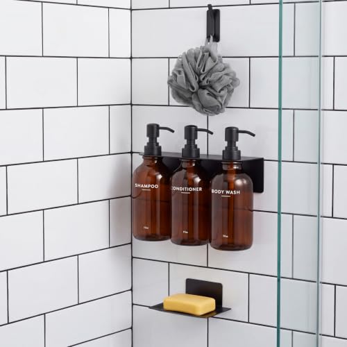 Shampoo Conditioner Body Wash Dispenser Bonus Soap Dish and Hook, Amber | 17 fl oz Set of 3 Amber Plastic Bottles with Black Pumps, Drill Free Adhesive Bathroom Organizer, Dorm Room Essentials