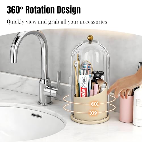 JEESA Dustproof Toothbrush Holder with Cover, Beige | 360° Rotating, 180° Sliding Lid, 3 Slots, Toothbrush Organizer, for Bathroom Countertop - color: Beige