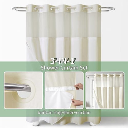 eachope Cream No Hook Shower Curtain with Snap-in Fabric Liner Set,Slub Textured Fabric Shower Curtains for Bathroom,Hotel Style Modern Shower Curtain,Water Repellent & Washable,71x74(72) | Hotel Style Fabric with See-Through Top Window, Water Repellent &