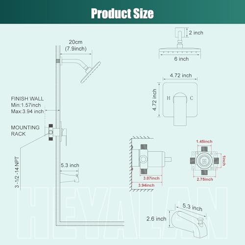 Heyalan 6 Inch Shower Set with Tub Spout and Valve,Matte Black | 6-inch square rainfall head, tub spout with diverter, male-thread rough-in valve, single-handle control and wall-mount design - color: Matte Black, size: 6 Inch Square Shower Head