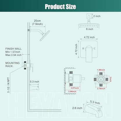 Heyalan 6 Inch Shower Set with Tub Spout and Valve,Matte Black | 6-inch square rainfall head, tub spout with diverter, male-thread rough-in valve, single-handle control and wall-mount design - color: Matte Black, size: 6 Inch Square Shower Head