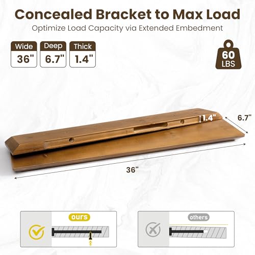 Acovy 36in Solid Spruce Wood Floating Shelves with Beveled Bottom Edges, Wooden Floating Shelf with Heavy-Duty Bracket for Living Room Bathroom Bedroom Kitchen, Rustic Light Brown, Set of 2 - color: Rustic Light Brown, size: 36"-2 Packs