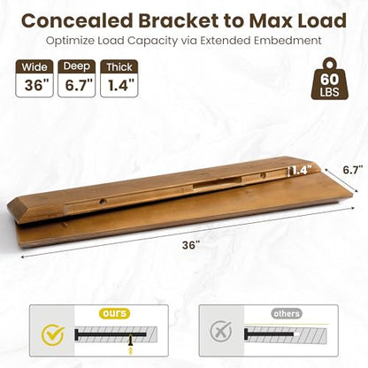 Acovy 36in Solid Spruce Wood Floating Shelves with Beveled Bottom Edges, Wooden Floating Shelf with Heavy-Duty Bracket for Living Room Bathroom Bedroom Kitchen, Rustic Light Brown, Set of 2 - color: Rustic Light Brown, size: 36"-2 Packs