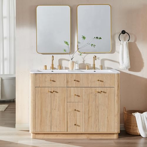 T4TREAM 48" Fluted Bathroom Vanity with Double Sink, Natural Oak | Integrated Resin Sink, 2 Large Storage Cabinets, Adjustable Shelf, 2 Drawers, Three pre-drilled faucet holes, Mid-Century - color: Natural Oak, size: 48" (Bouble Sink)