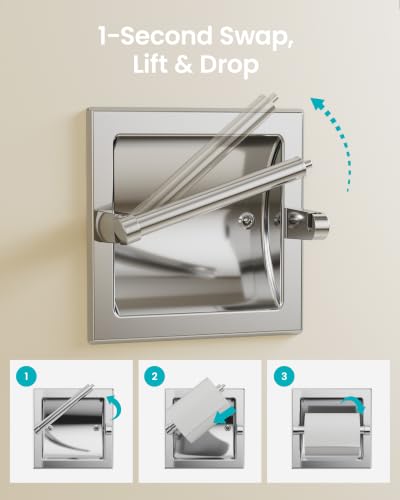 Recessed Toilet Paper Holder Brushed Chrome, in-Wall, 304 Stainless Steel | Inset Toilet Paper Holder, Spring-Free Pivoting Arm, Space-Saving Flush Mount, Fits Rolls up to 6 in - color: Brushed Chrome