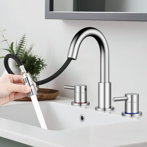 8 Inch Pull Down Bathroom Faucet 3 Hole,Chrome Bathroom Sink Faucet | Stainless Steel,Pull Down Sprayer,Chrome,3 hole Widespread,with Pop-up Drain,Water Supply Hoses,Two Water Flow Modes - color: A-Chrome