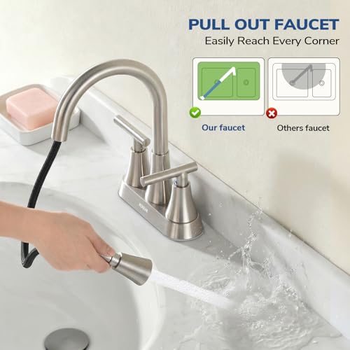 Centerset Bathroom Faucet with Pull Out Sprayer, 4 Inch 2 Handle Sink Faucet with Pop Up Drain, Stainless Steel Vanity Faucet with 2 Supply Hoses, Brushed Nickel - color: Brushed Nickel, size: 4 IN