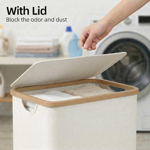 efluky Slim Laundry Basket with Lid, Narrow Laundry Hamper with Removable Bag, Skinny Dirty Clothes Basket with Bamboo Handles for Bathroom, Bedroom & Laundry Room, 90L Beige - color: Beige, size: 90L