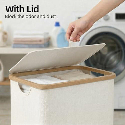 efluky Slim Laundry Basket with Lid, Narrow Laundry Hamper with Removable Bag, Skinny Dirty Clothes Basket with Bamboo Handles for Bathroom, Bedroom & Laundry Room, 90L Beige - color: Beige, size: 90L