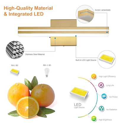 SineRise LED Modern Bathroom Vanity Light Fixtures (16-Inch, 3000K/4000K/6000K, Dimmable), Gold Modern Acrylic Bathroom Wall Lighting Fixtures Over Mirror - color: Gold, size: 16-Inch