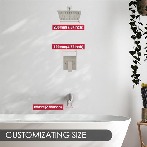 Heyalan 8-Inch Shower Faucet Set with Tub Spout and Valve,Brushed Nickel | 8-inch square rainfall head, tub spout with diverter, male-thread rough-in valve, single-handle control and wall-mount design - color: Brushed Nickel, size: 8 Inch Square Shower He