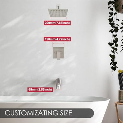Heyalan 8-Inch Shower Faucet Set with Tub Spout and Valve,Brushed Nickel | 8-inch square rainfall head, tub spout with diverter, male-thread rough-in valve, single-handle control and wall-mount design - color: Brushed Nickel, size: 8 Inch Square Shower He