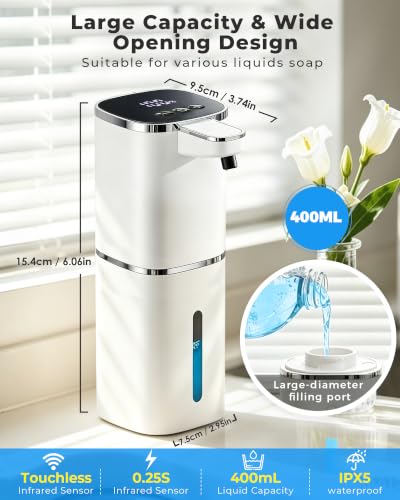 2 Pack Automatic Liquid Soap Dispenser, USB Rechargeable | , 13.5oz/400mL, 9-Adjustable Liquid Levels, IPX5 Waterproof, Touchless & Wall/Tabletop Use for Kitchen Bathroom, White - color: White Liquid