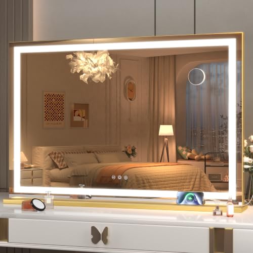 Hasipu Vanity Mirror with Lights, 32" x 22.4" LED Makeup Mirror, Lighted Makeup Mirror with Dimmable 3 Modes - color: Gold, size: 32"L x 22.4"W
