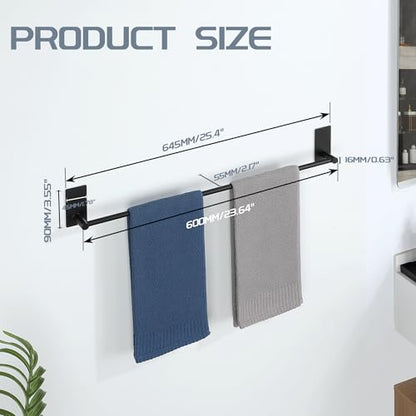 Alise Adhesive Towel Bar, 24 Inch Towel Racks for Bathroom,Matte Black | SUS 304 Stainless Steel,Bathroom Towel Holder No Drill, Strong Self Adhesive Towel Bar - color: Black, size: PJ-24 Inch