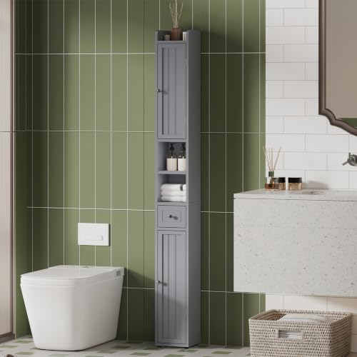 ChooChoo Narrow Bathroom Storage Cabinet with Adjustable Shelves and Drawer | Tall Slim Storage Cabinet, Freestanding Cupboard for Small Spaces, Grey