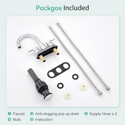 Faustina Polished Chrome Bathroom Faucet, 4 Inch Centerset Bathroom Faucet for Sink 2 Holes 3 Holes，Two Handles 304 Stainless Steel Faucet with Pup up Drain and 2 Water Supply Lines for RV Vanity - color: Chrome, style: Modern Centerset