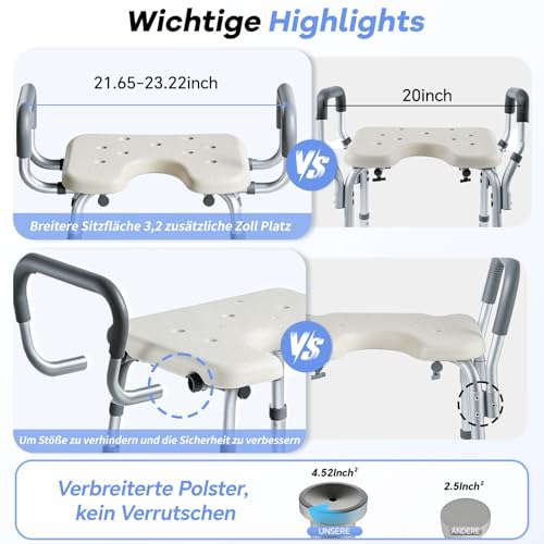 U 2-Level Width Adjustable Heavy Duty Shower Chair for Inside Shower and Tub w/Reinforced X-Bar, 550lbs Shower Seat for Bathtub w/Arms and Back for Seniors, Handicap, Bariatric, Elderly and Disabled - size: Extra Wide-U Shape