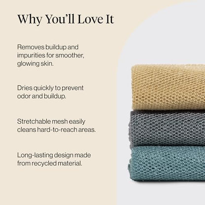 Kitsch African Net Sponge – Exfoliating Body Scrubber – Aqua Grey, 3 Pcs | for Cleansing & Gentle Daily Exfoliation – Stretchable Bath Sponge for Hard-to-Reach Areas – Long-Lasting Shower Essential - color: Aqua Grey