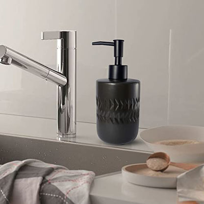 Black Soap Dispenser for Bathroom,Cylindrical Lotion Dispenser,12oz Ceramic Relief Hand Dish Soap Dispenser,Refillable Liquid Dispenser for Kitchen,Matte Black Pump(Relief Black) - color: Relief Black